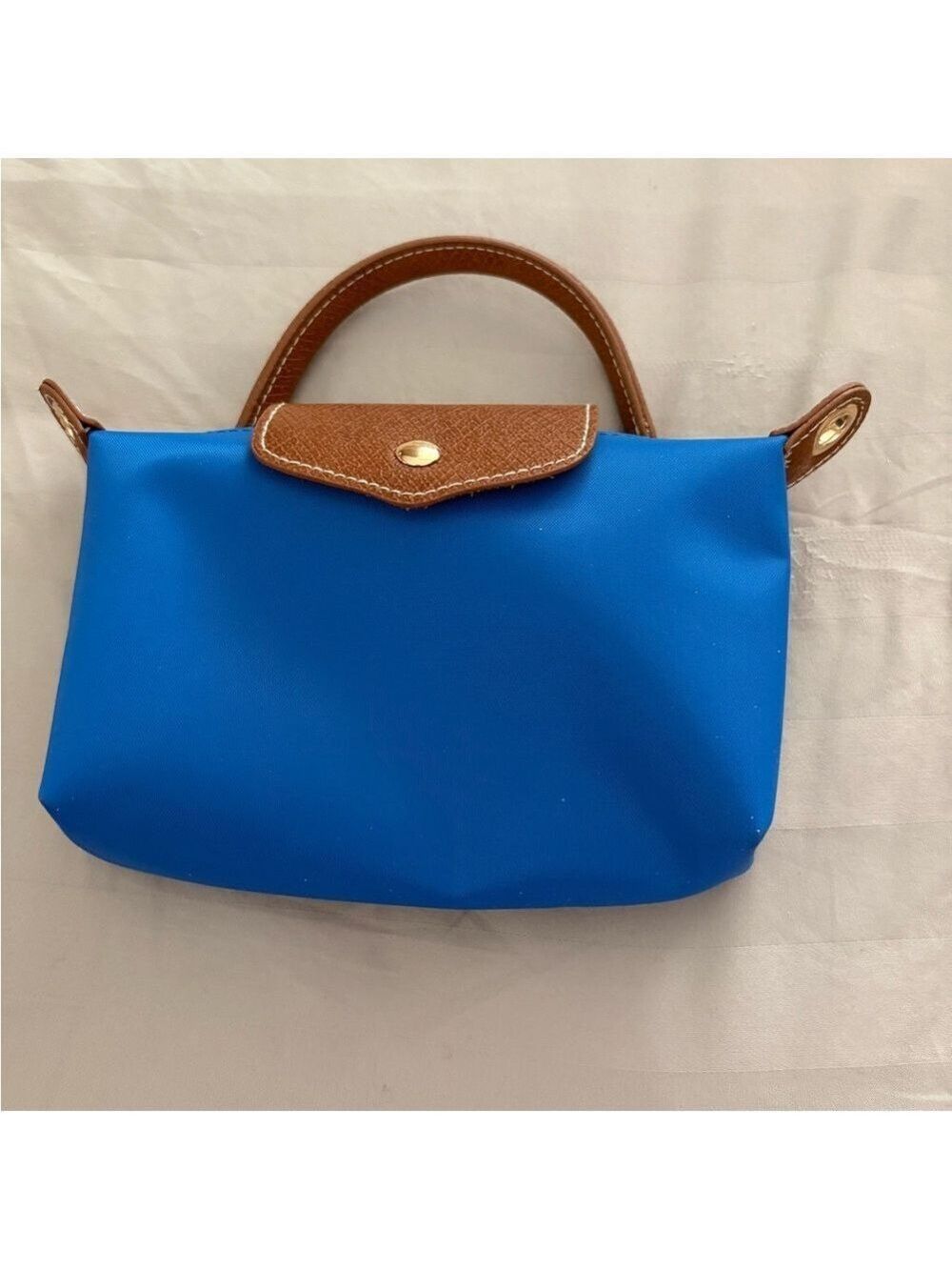 Blue Crossbody Tote Bag with Brown Trim
